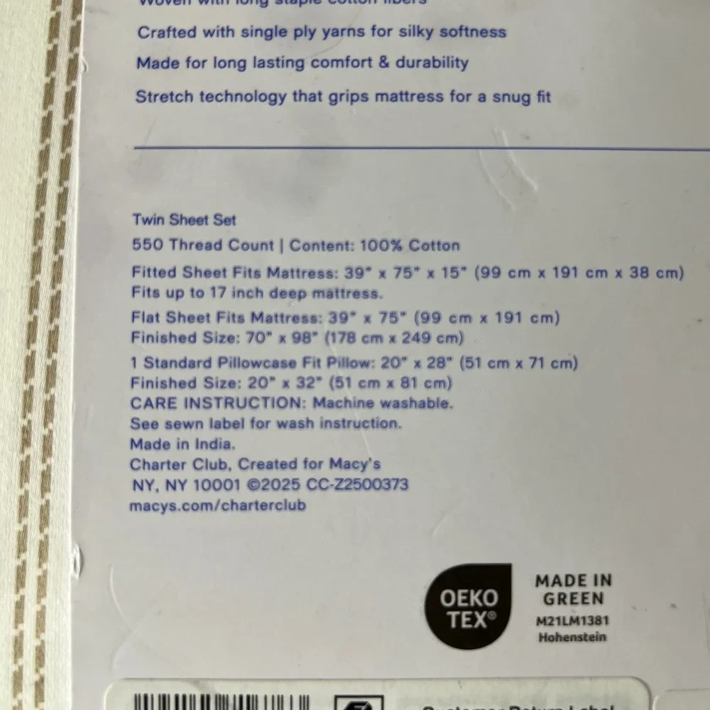 Charter Club Damask Collection Twin Sheet Set Cotton Stripe Ticking‎ NIP